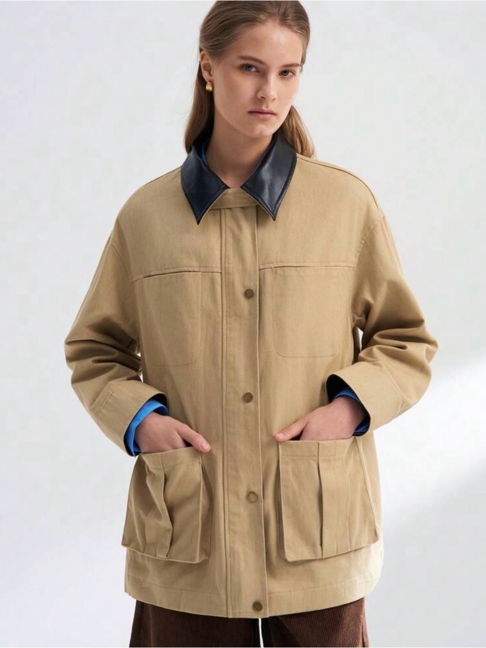 Beige Utility Jacket with Black Contrast Collar